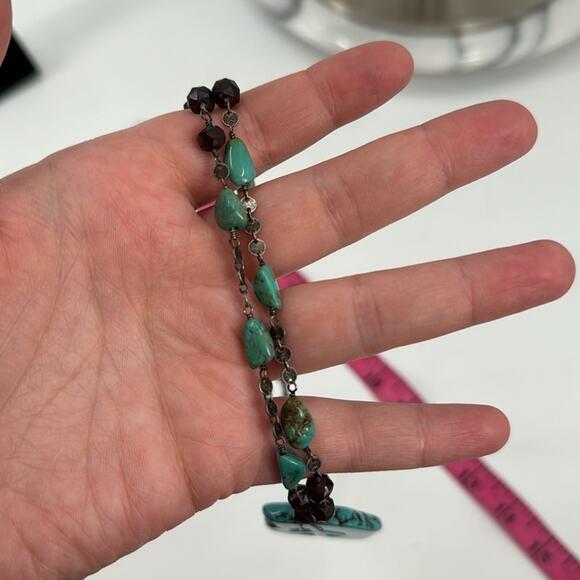 Handmade garnet and turquoise, peace, sign necklace with silver disc chain - Picture 7 of 9